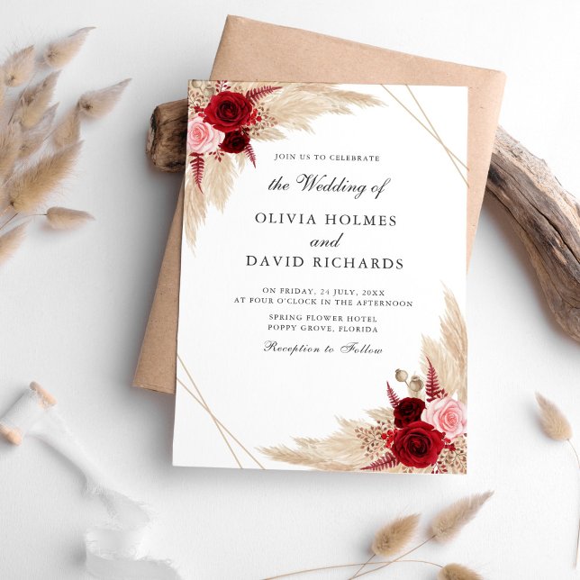 Invitation des Roses de Bourgogne et Pampas Grass (Burgundy Roses and Pampas Grass Invitation on a table sorrounded with pampas grass decoration.)
