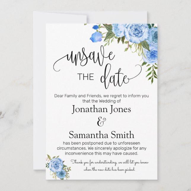 Invitation Désenregistrer les dates mariage date changer bleu (Devant)