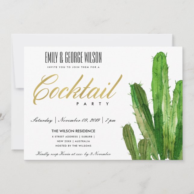 INVITATION DÉSERT CACTUS FOLIAGE WATERCOLOR COCKTAIL PARTI (Devant)