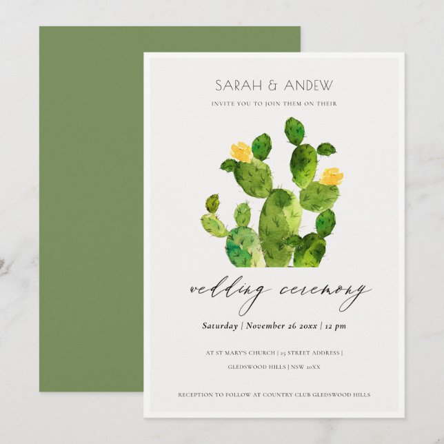 INVITATION DÉSERT D'EAU VERTE MARIAGE DE FLEURS CACTUS (Devant / Derrière)