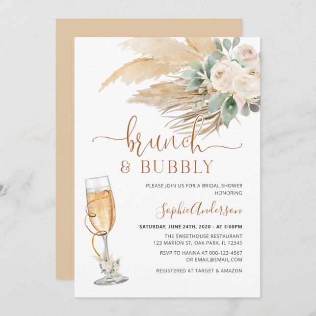 Invitation Desert Green Boho Pampas Grass Brunch & Bubbly (Devant / Derrière)