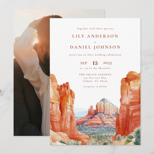 Invitation Desert Mountain Watercolor Photo Wedding (Devant / Derrière)