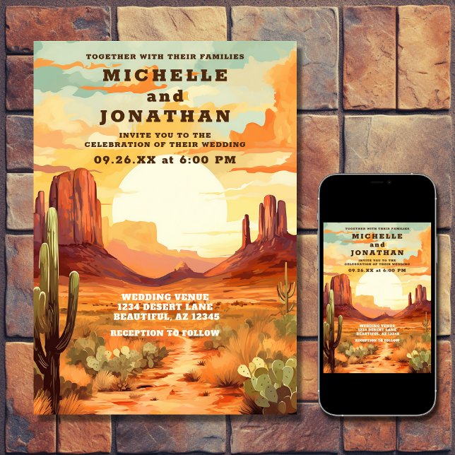Invitation Desert Sunset et Cactus Sud-Ouest Mariage (Printed and Digital - Desert Sunset and Cactus Southwestern Wedding Invitation)