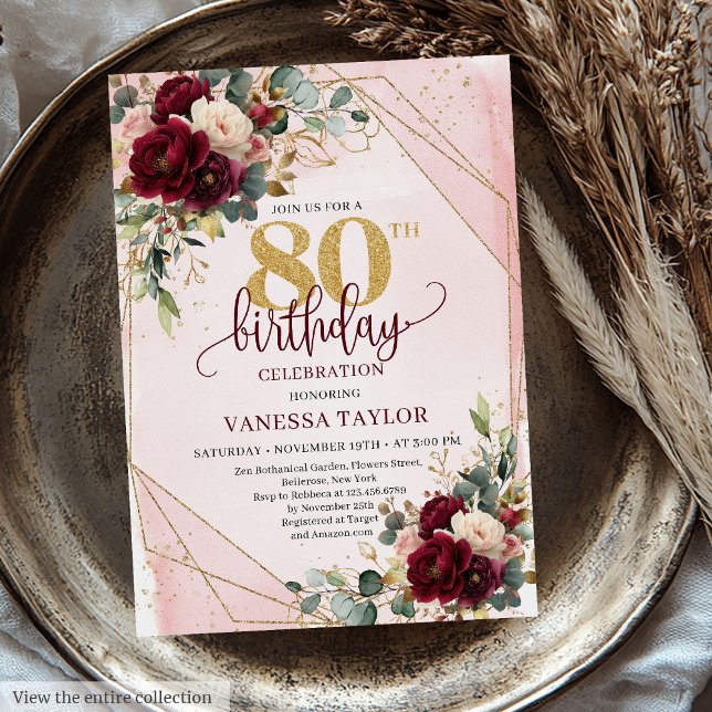 Invitation Design Boho Marsala Gold Flowers 80e anniversaire (Stylish Boho Marsala Gold Flowers 80th Birthday Invitation)