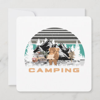 Invitation design de camping avec ours mignon, voiture vintag