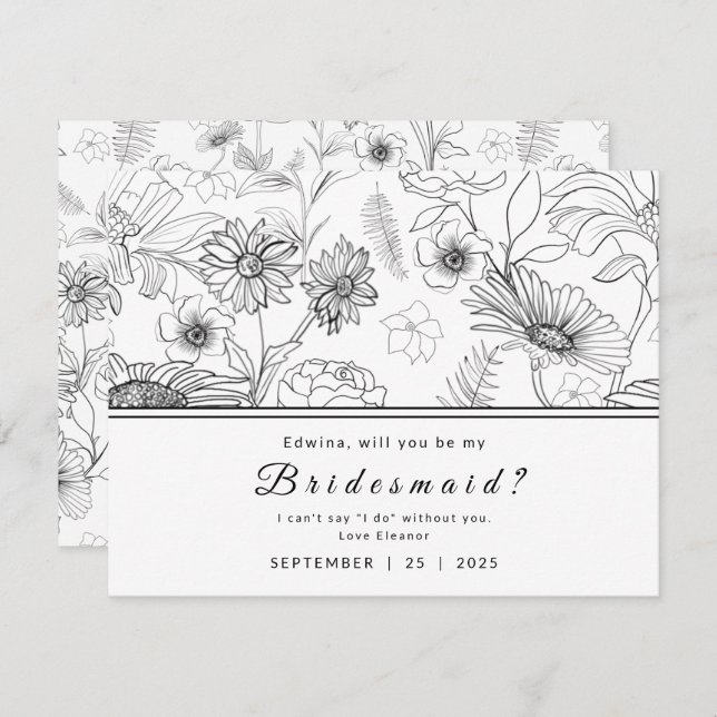 Invitation Design de fleur marguerite noir et blanc Soyez ma  (Devant / Derrière)