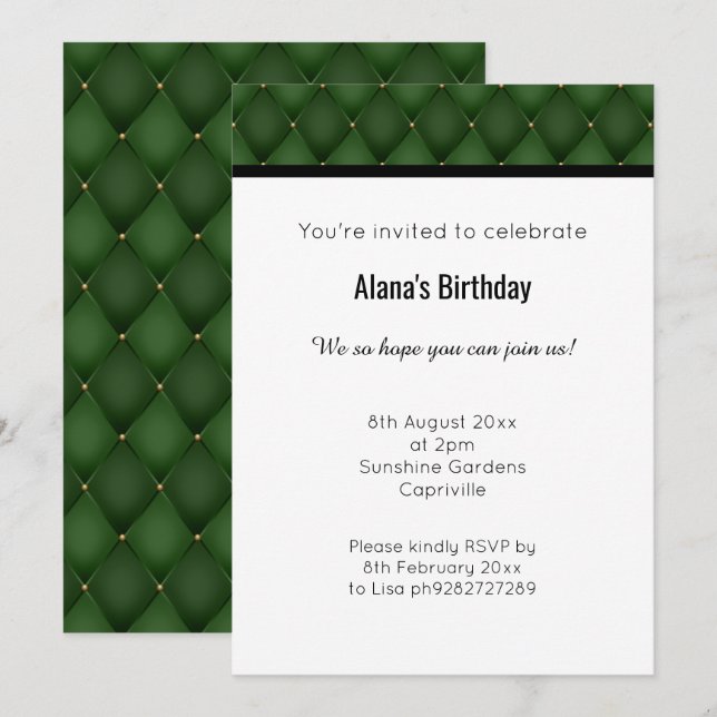 INVITATION DESIGN ÉLÉGANT VERT OR DIAMOND (Devant / Derrière)