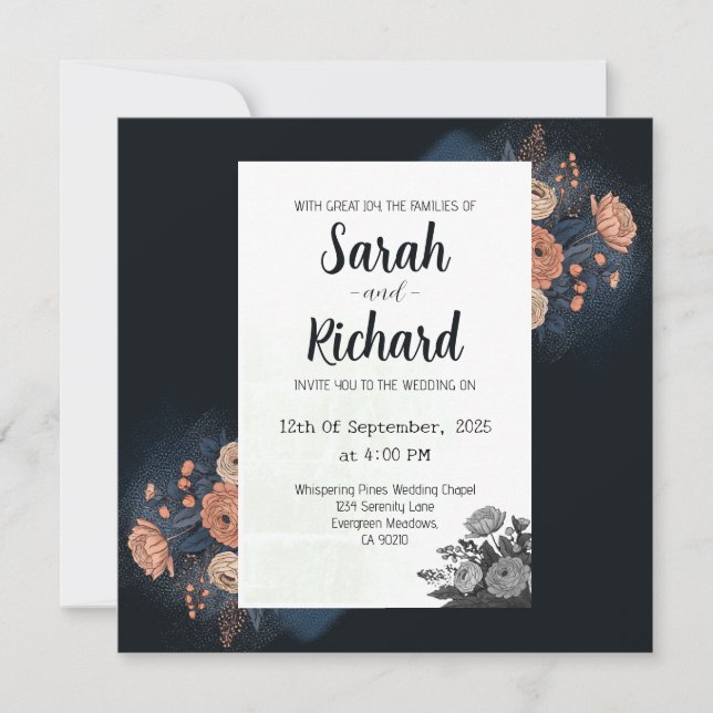 Invitation Design floral bleu foncé élégant avec accents de b (Devant)
