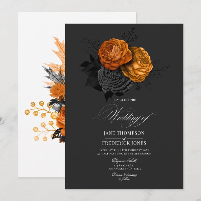 Invitation Design floral gothique noir et orange élégant (Devant / Derrière)