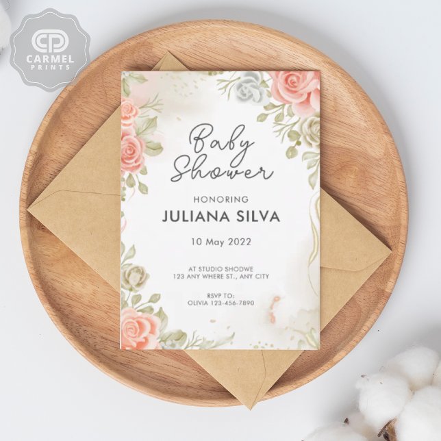 Invitation Design Floral rose blanc moderne (Modern Pink White Green Floral Pattern Design Invitation)