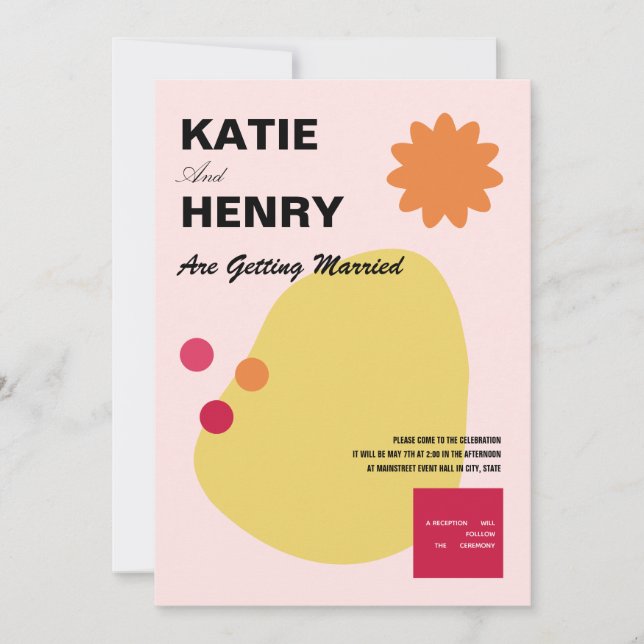 Invitation Design graphique amusant Mariage orange jaune rose (Devant)