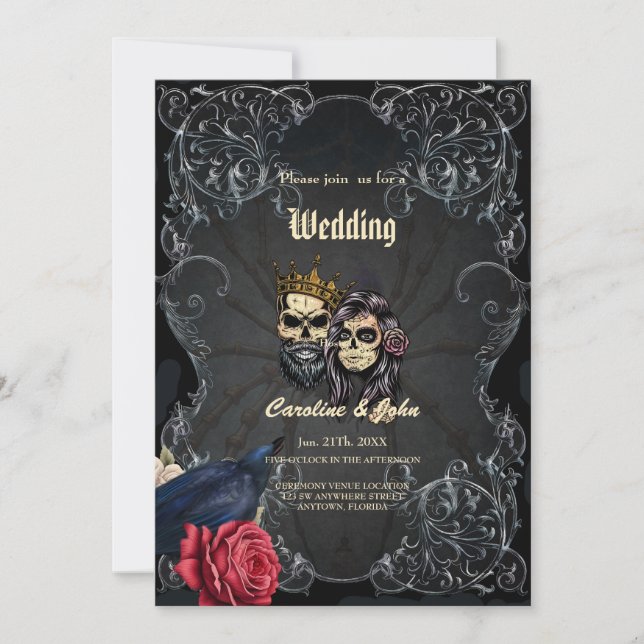 Invitation Design mariage gothique foncé avec crânes (Devant)