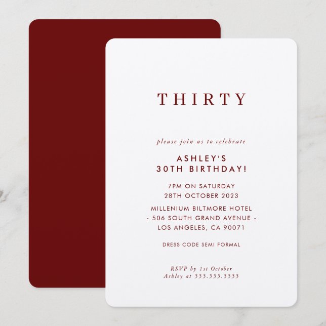 Invitation design MINIMALIST anniversaire chic marron vin mod (Devant / Derrière)