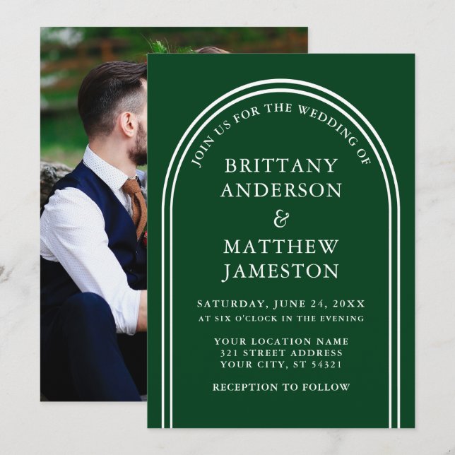 Invitation Design moderne Arch Mariage Photo verte (Devant / Derrière)