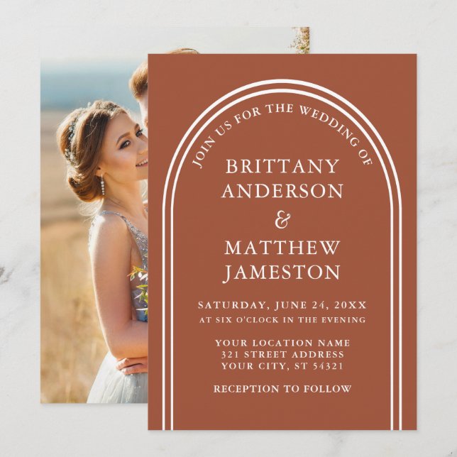 Invitation Design moderne Arch Mariage Terracotta Photo (Devant / Derrière)