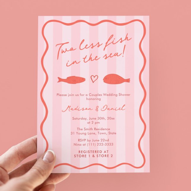 Invitation Dessin à la main Deux Poissons Moins Dans La Mer C (Colorful hand drawn Two Less Fish In The Sea theme bridal or couples wedding shower invitation)