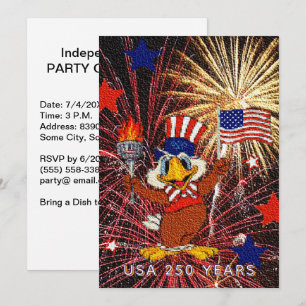 Invitation Dessin animé de 250 ans Aigle Drapeau USA & Feux d