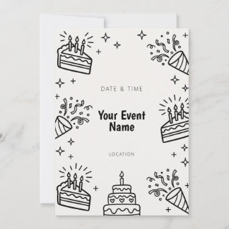 Invitation Dessin au trait de gâteau de fête avec popper