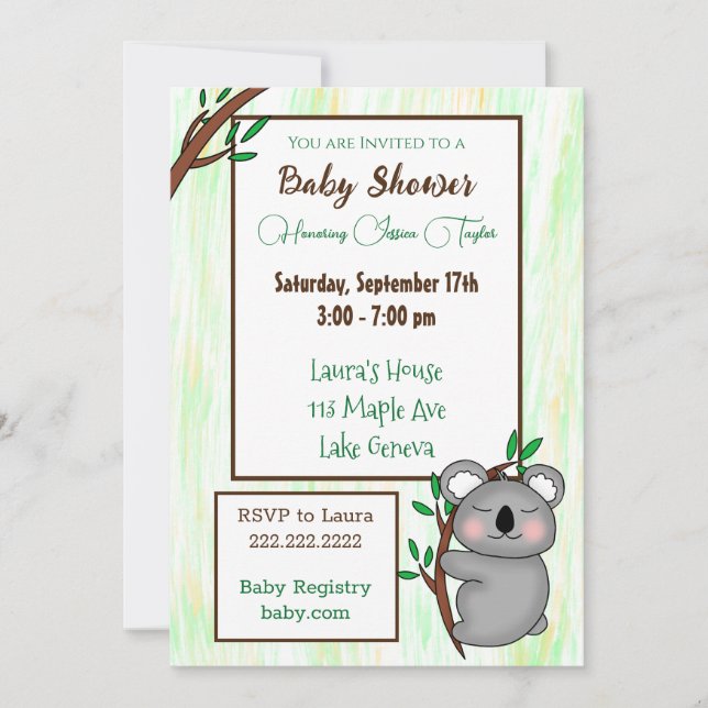 Invitation Dessin couché Koala Baby shower à thème (Devant)