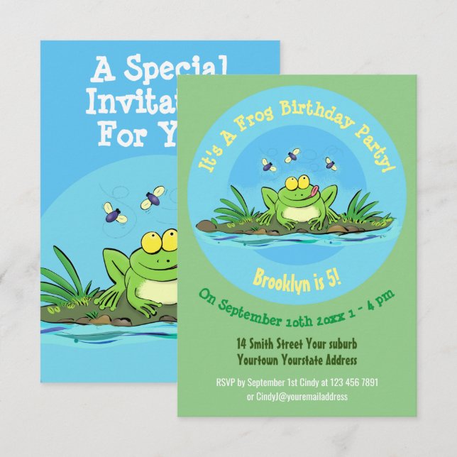 Invitation Dessin d'anniversaire de grenouille affamée verte (Devant / Derrière)