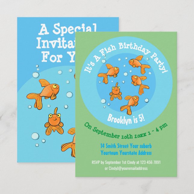 Invitation Dessin d'anniversaire de mignonne Goldfish (Devant / Derrière)