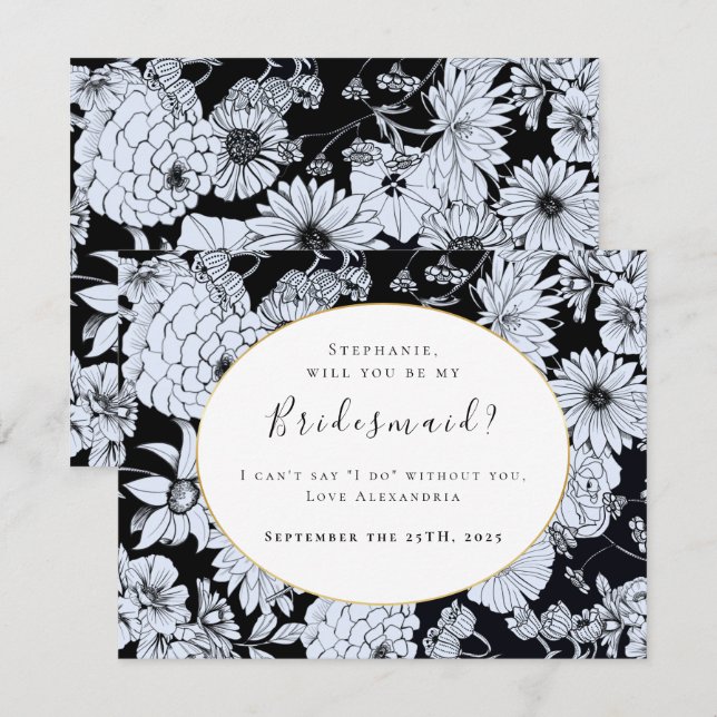 Invitation Dessin de fleurs, noir blanc "Be my bridesmaid" (Devant / Derrière)