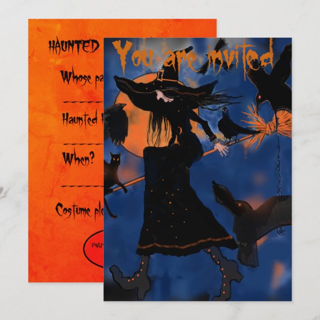 Invitation Dessin de la sorcière d'Halloween dans la chambre (Devant / Derrière)