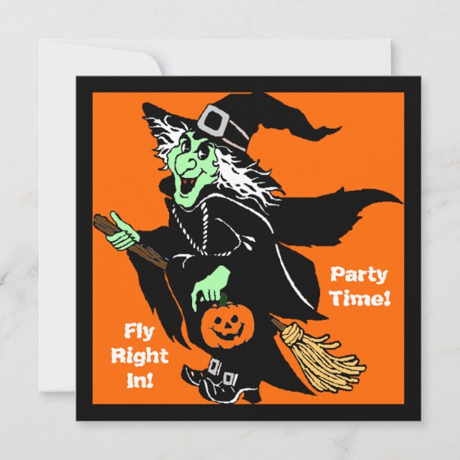 Invitation Dessin d'Halloween en vol de sorcière (Devant)