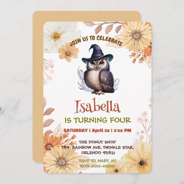 Invitation Dessin sur la fleur d'animal de la chouette (Devant / Derrière)