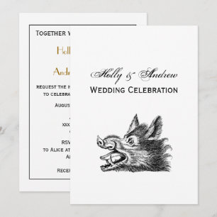 Invitation Dessin tête de sanglier vintage en noir et blanc
