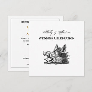 Invitation Dessin tête de sanglier vintage en noir et blanc