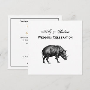 Invitation Dessin vintage de sanglier en noir et blanc