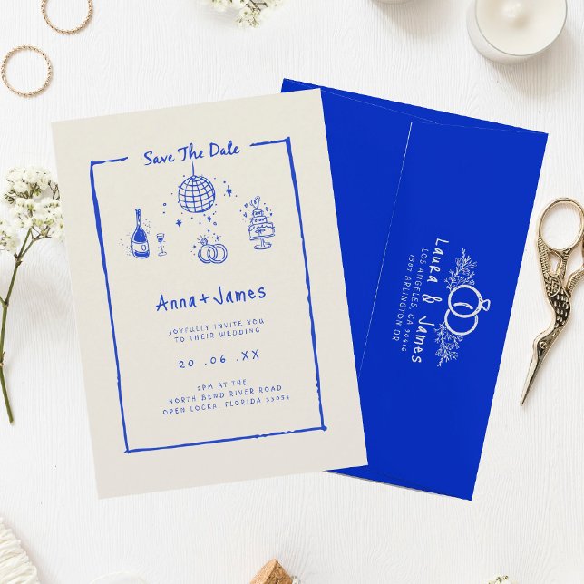 Invitation dessiné à la main whimsical tendance bleu funky ma (Créateur téléchargé)