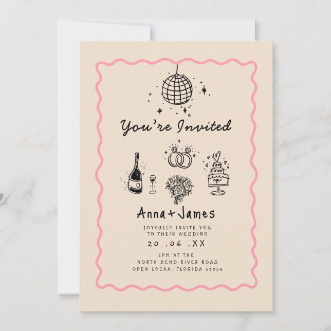 Invitation dessiné à la main whimsical tendance mariage funky (Devant)
