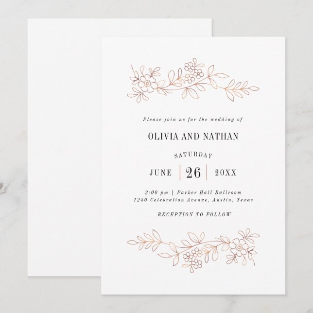 Invitation Dessins de ligne botanique en or Rose Faux | Maria (Devant / Derrière)