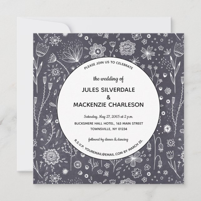 Invitation Dessins sur tableau noir de fleurs pour mariage mo (Devant)