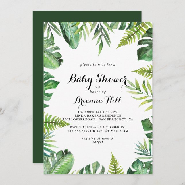 Invitation Destination Baby shower vert tropical (Devant / Derrière)