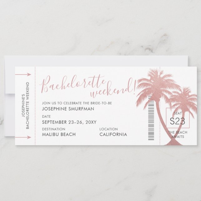 Invitation Destination Bachelorette Party Palm Boarding Pass (Devant)