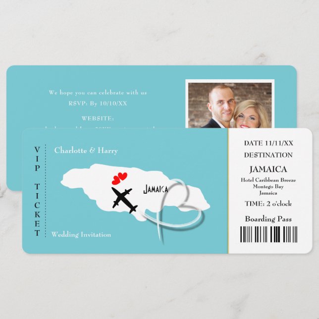 Invitation Destination de mariage Jamaïque Billet Photo (Devant / Derrière)