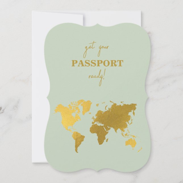 Invitation Destination Mariage Monde Passport Sage Vert Or (Devant)