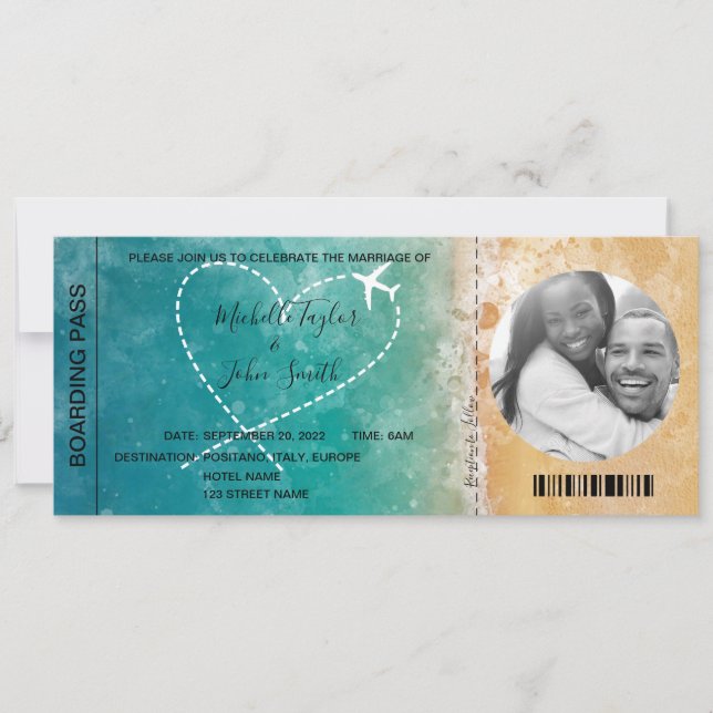 Invitation Destination Mariage Pass Embarquement Plage Ocean  (Devant)