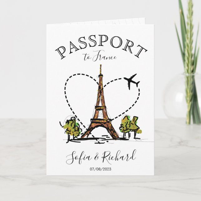 Invitation Destination mariage Passport Paris France Eiffel (Devant)