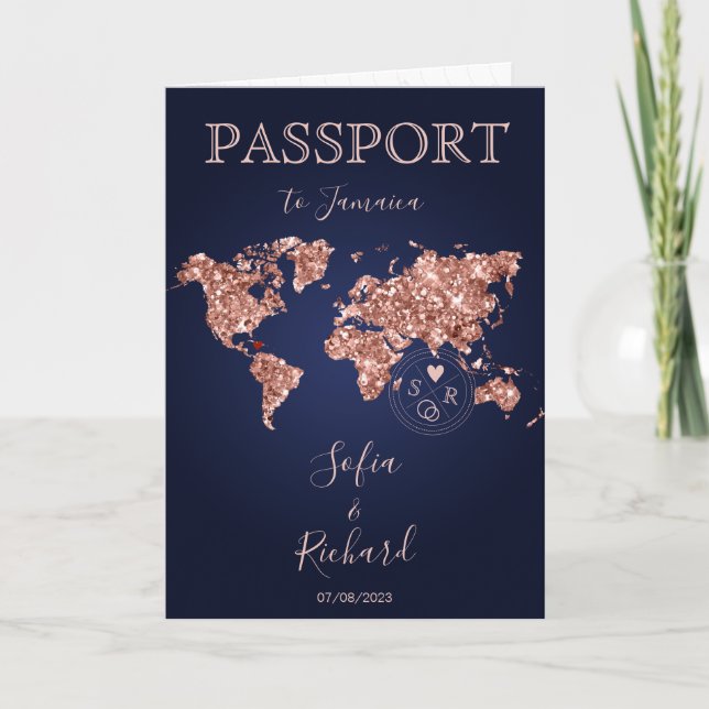 Invitation Destination Mariage Passport World Map Rose Gold (Devant)