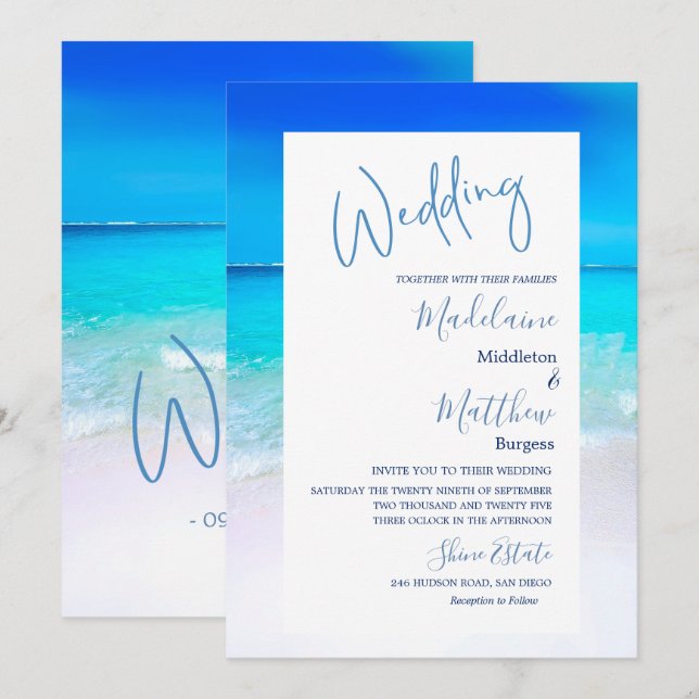 Invitation Destination Mariage Plage Océan bleu Moderne (Devant / Derrière)