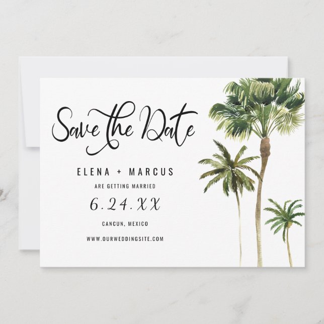 Invitation Destination Tropicale Palmiers Sauvegarder La Date (Devant)