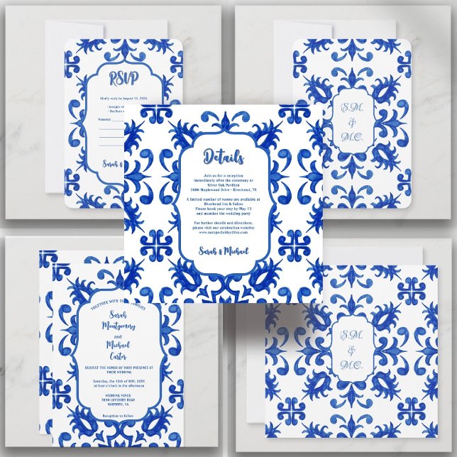 Invitation Détail de carreau bleu portugais méditerranéen (Portuguese Tile Botanical Blue, Lisbon Azulejo Coastal Style, Indigo Blue Tile Art, Portuguese )