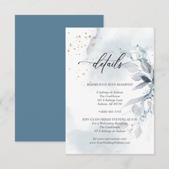 Invitation Détails 2 Élégant Feuillage Aquarelle Bleu Poussié (Devant / Derrière)