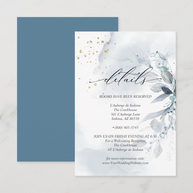 Invitation Détails 3 Feuillage élégant aquarelle bleu poussié (Devant / Derrière)