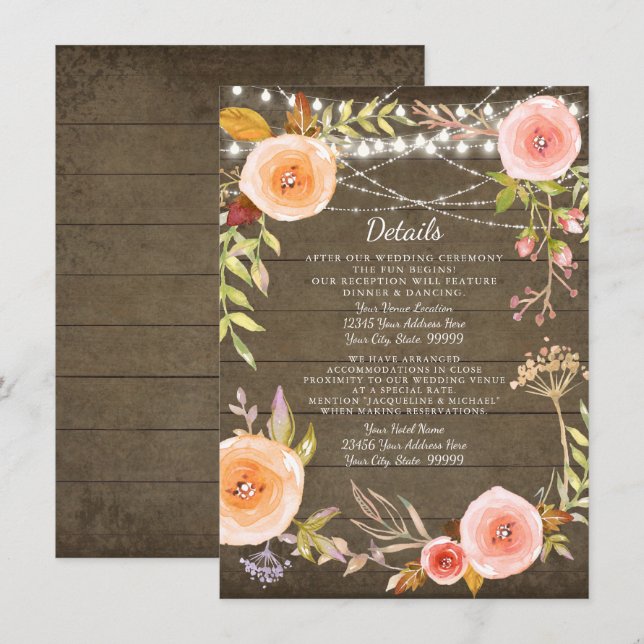 Invitation Détails de la réception Lumières rustiques Bois Fl (Devant / Derrière)