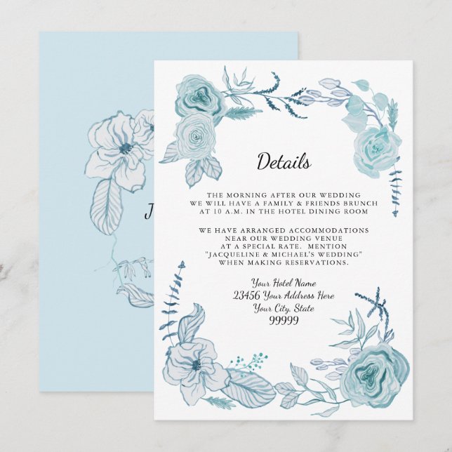 Invitation Détails de l'hôtel bleu blanc boho aquarelle flora (Devant / Derrière)
